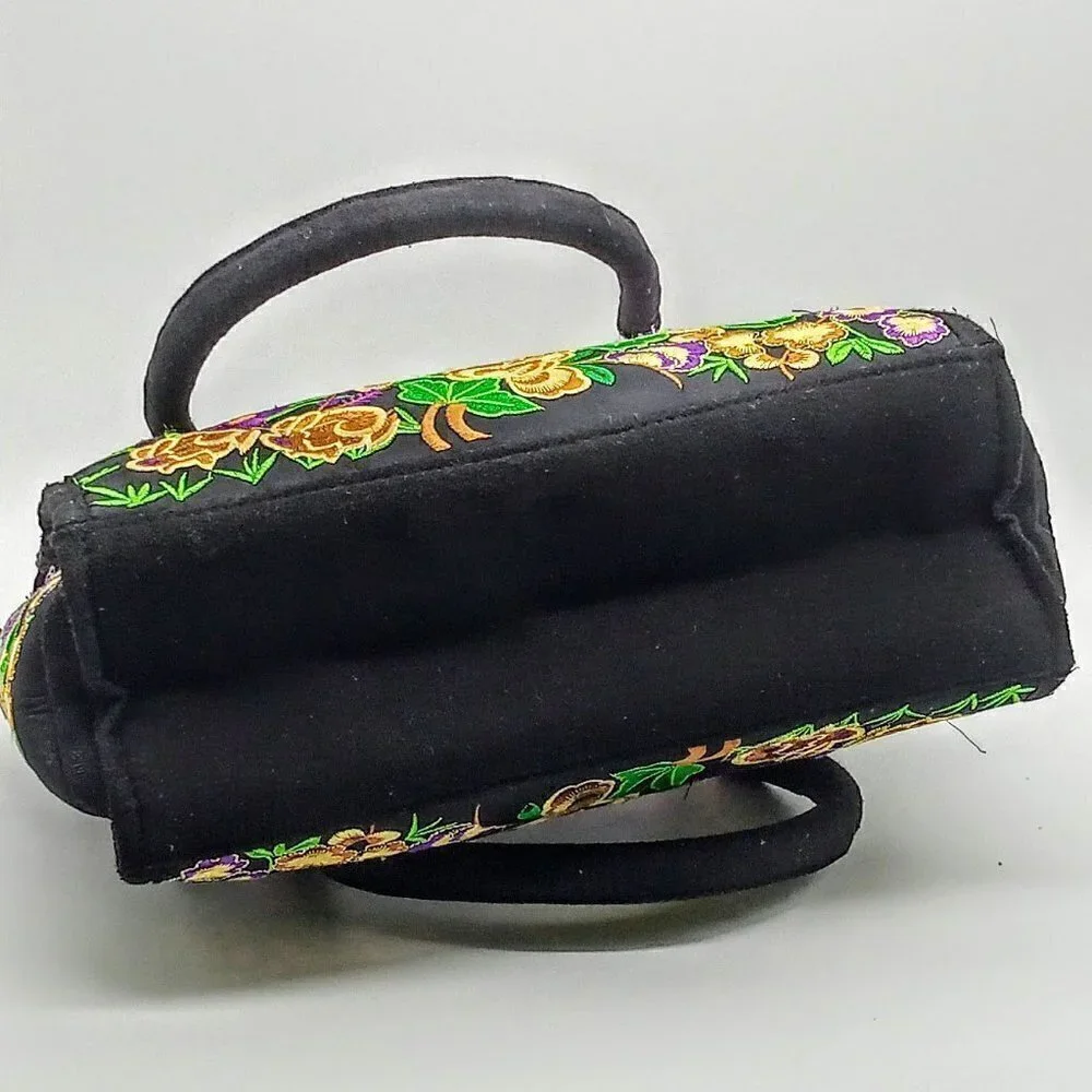 Purple Green Gold Floral Embroidered Satchel Bag